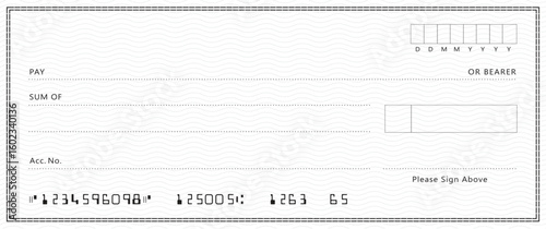 Bank check, vector blank money cheque, checkbook template with guilloche pattern and fields. Currency payment coupon, money check background