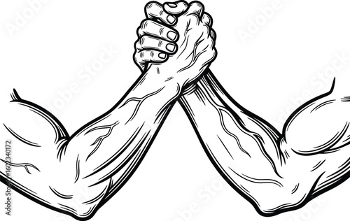 Illustration of two muscular arms engaged in arm wrestling with visible veins and detailed hands grip 100