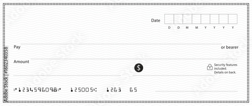 Bank check, vector blank money cheque, checkbook template with guilloche pattern and fields. Currency payment coupon, money check background