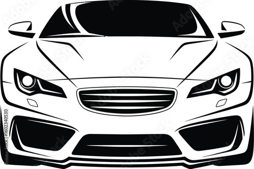 Front view of a sleek sports car illustration in black and white with detailed headlights and grill design