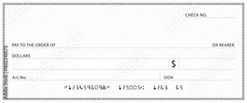 Bank check, vector blank money cheque, checkbook template with guilloche pattern and fields. Currency payment coupon, money check background