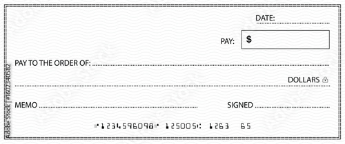 Bank check, vector blank money cheque, checkbook template with guilloche pattern and fields. Currency payment coupon, money check background