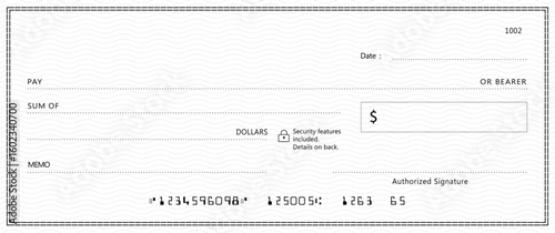 Bank check, vector blank money cheque, checkbook template with guilloche pattern and fields. Currency payment coupon, money check background