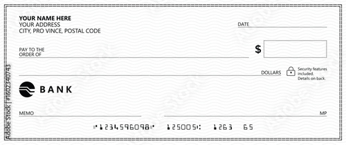 Bank check, vector blank money cheque, checkbook template with guilloche pattern and fields. Currency payment coupon, money check background