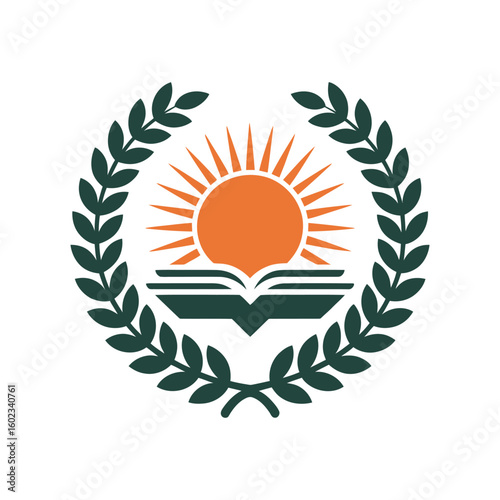 Sun rising over open book within laurel wreath symbol of education and achievement
