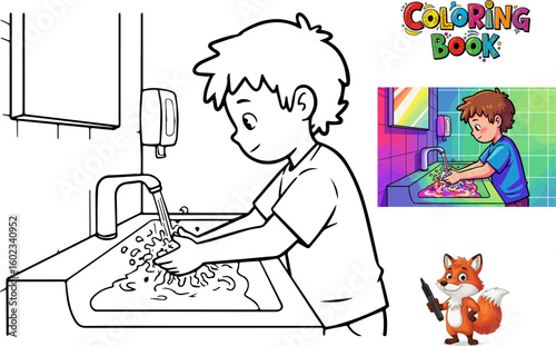 Young boy washing hands at sink in coloring book illustration  