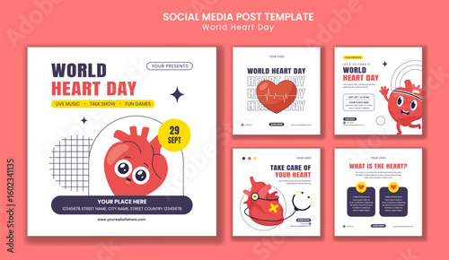 World Heart Day Illustration with Social Media Post Template in Flat Cartoon Style