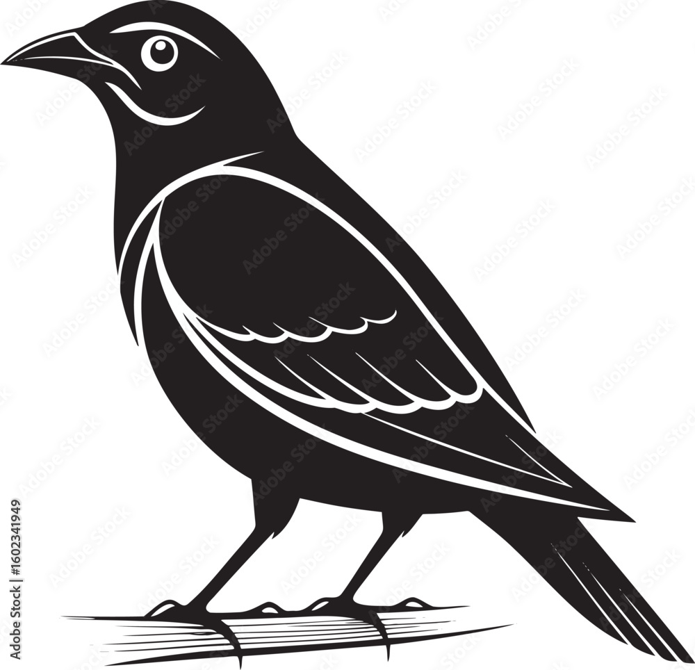 Fototapeta premium Black bird perched on branch white