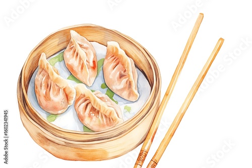 Watercolor illustration of steamed dumplings in a bamboo steamer with chopsticks