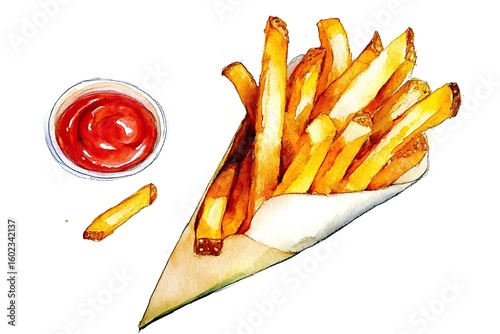 Artistic watercolor illustration of french fries with ketchup dip