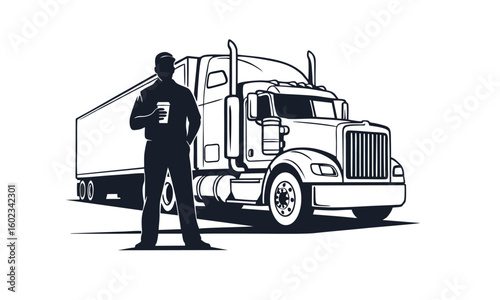 Silhouette Logo of a Truck Driver Holding Coffee Cup Beside the Truck
