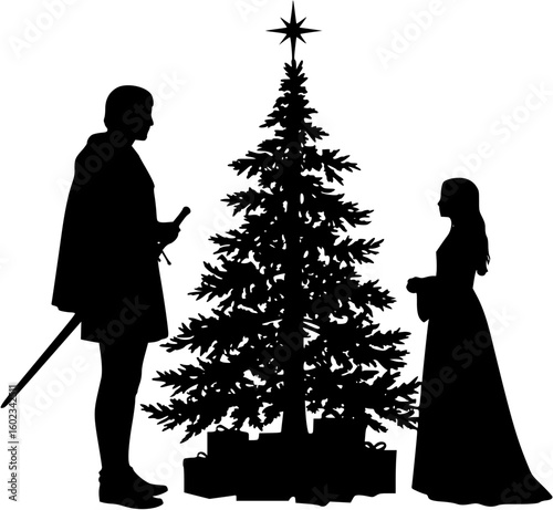 vector silhouette of a man and a girl in ancient clothes near the Christmas tree .Generative AI
