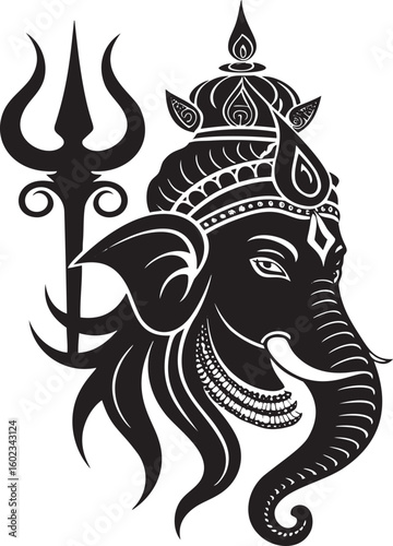 Black elephant head with trident and crown Ganesha