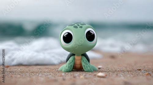 Baby turtle exploring sandy beach with ocean waves in background