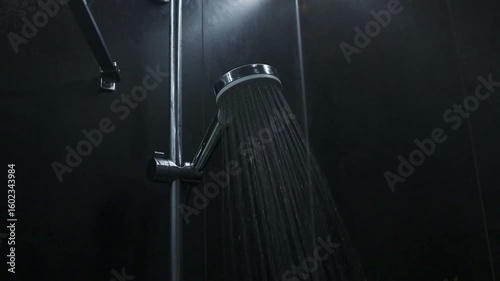 Stylish dark bathroom interior with water pouring from a chrome showerhead Elegant modern design with black tiles and soft lighting Freshness and hygiene routine in a minimalist space