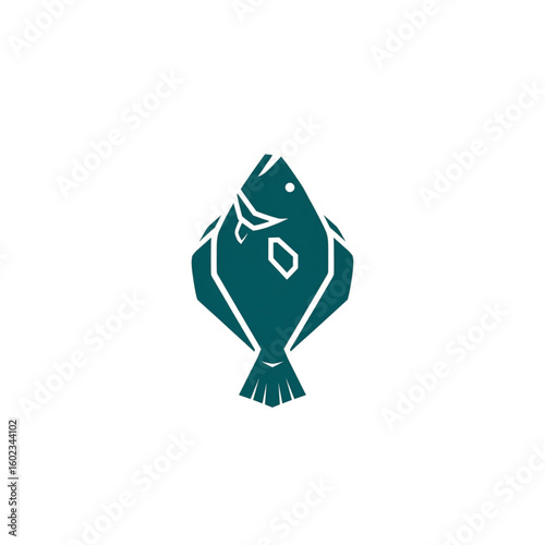 Geometric Halibut Logo. Minimalist flatfish vector icon design. Modern, simple fish symbol in monochromatic teal, ideal for a seafood company or premium fishing brand. Isolated on white background.