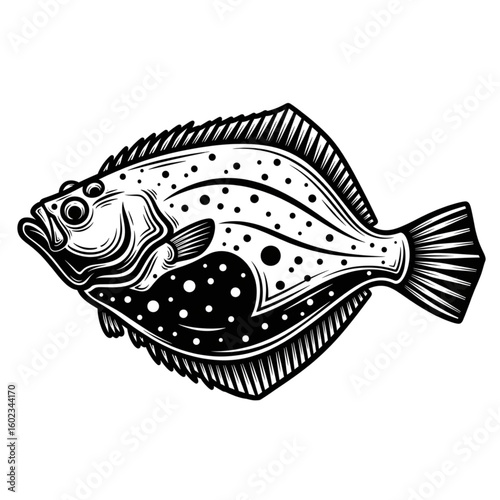 Woodcut Turbot Fish Vector | Vintage Linocut Seafood Logo for Brewery & Gastropub

