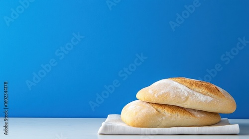 Crusty, warm mini loaves rest on a linen napkin in front of a bold blue wall, evoking a cozy kitchen ambiance