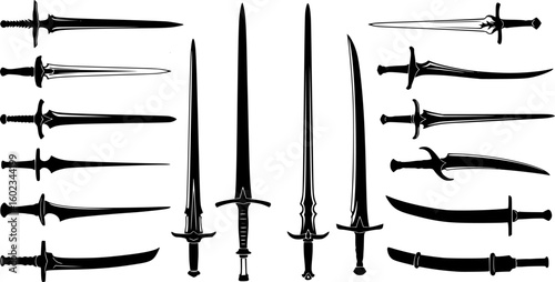 a collection of different types of swords, black and white, simple design, various sword shapes, silhouettes, minimal detail, flat image, vector 