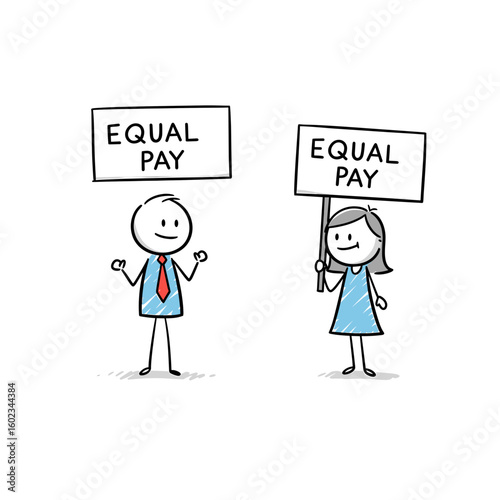 Stick figures protesting for equal pay holding signs outdoors  