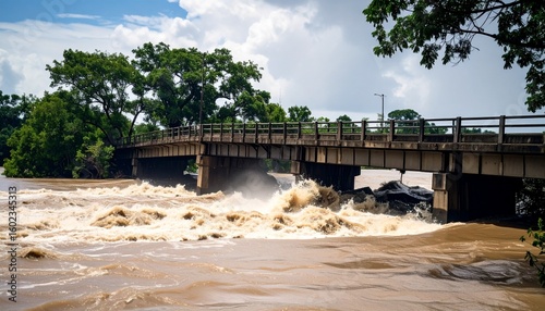 A swollen river with turbulent brown water raging under a bridge during a major flood event.