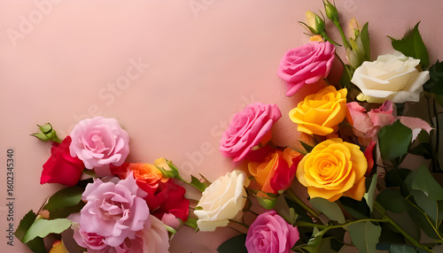 A vibrant arrangement of colorful roses against a soft pink background.