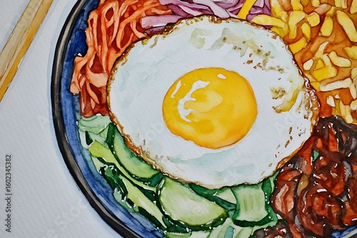 Vibrant watercolor painting of a delicious korean bibimbap meal