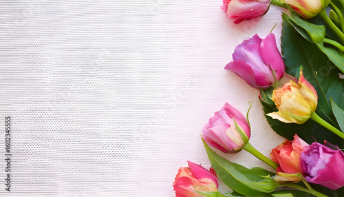 A vibrant arrangement of colorful roses on a light textured background.