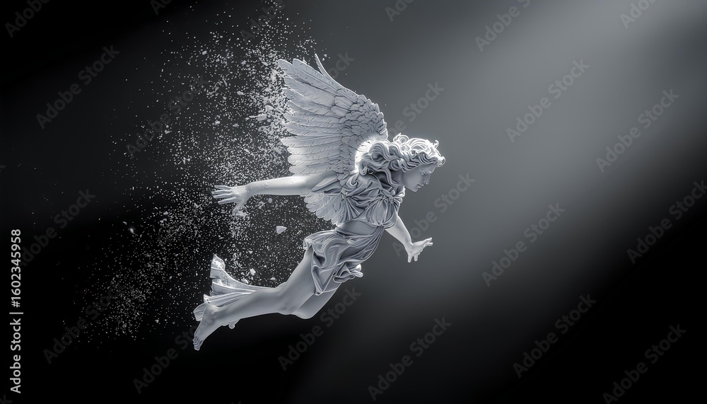 Fototapeta premium Cool Wallpapers Dissolving Celestial Being In Flight, Dramatic Dark Gray Background, Digital Rendering