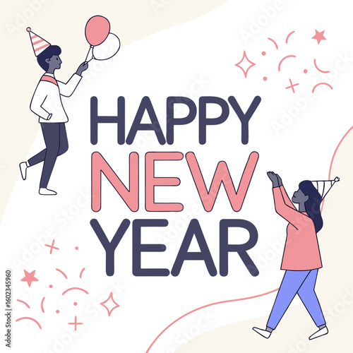 Celebrate the new year with joy and excitement featuring festive characters balloons confetti and party hats wishing everyone a happy and prosperous year ahead