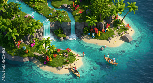 Aerial view of a tropical island with waterfalls, lush vegetation, sandy beaches, and people enjoying kayaking and relaxing.