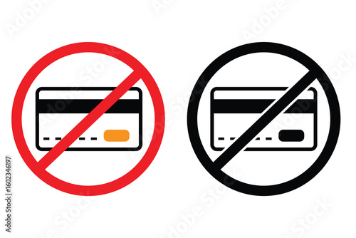 No Credit Card Icon – Payment Not Accepted Sign, Cash Only, Red Crossed Out Card Symbol