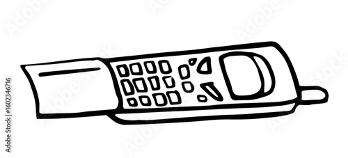 Minimalist line art illustration of a classic sliding cell phone, featuring a numeric keypad, small display, slide out cover and antenna, rendered in bold black outline. Retro, vintage gadget