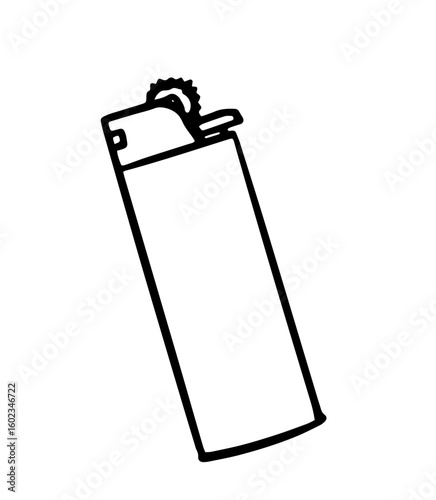Minimalist black line art disposable cigarette lighter with flint ignition wheel, gas nozzle and safety lever, tilted isolated on white background.