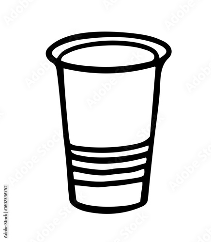 single-use plastic cup with horizontal ridges and tapered profile. Simple vector outline illustration isolated on white, disposable glass design. clean