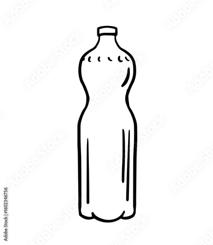 minimalist black line illustration of a plastic bottle featuring a narrow waist, screw cap and contour details. Clean, simple vector artwork evoking everyday packaging.