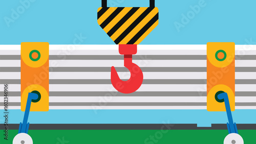 Illustration of a crane with a hook and two orange supports against a striped background design