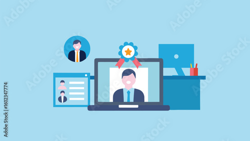 Illustration of a laptop with a badge and a person on the screen next to a monitor and profiles