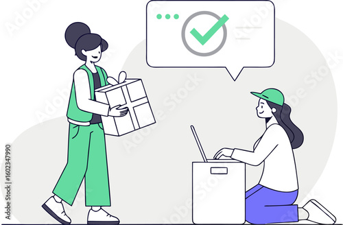 Successful delivery confirmation a person receives a gift while another confirms the transaction on a laptop with a checkmark icon