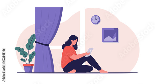 Woman sitting on floor by purple curtain using laptop in modern room  