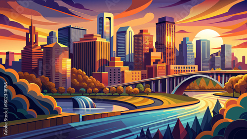very Beautiful Panorama Minneapolis Minnesota at sunset on the Mississippi river,