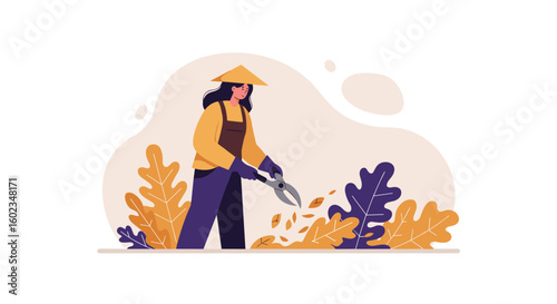 Woman using pruning shears to trim leaves in a garden  