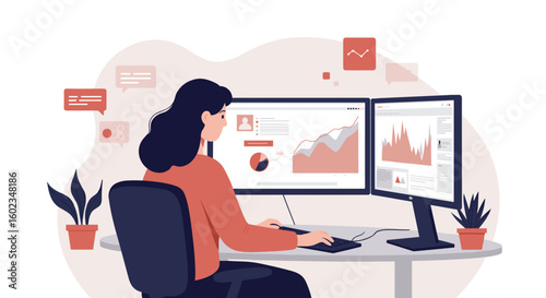 Woman working on dual monitors analyzing data with graphs