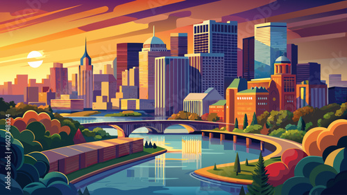 very Beautiful Panorama Minneapolis Minnesota at sunset on the Mississippi river,