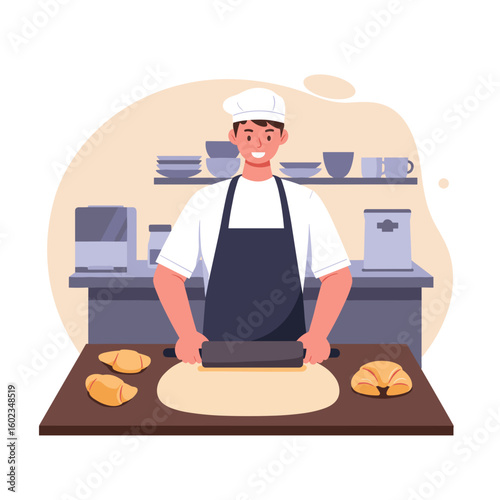 Young male baker rolling dough in kitchen for pastry preparation  
