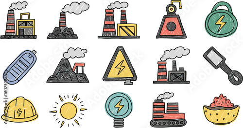Illustration of industry and energy sources. Power generation, pollution, manufacturing, electricity, production, resources, engineering