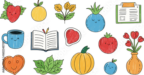 Cute doodle drawings with smiling faces. Illustration, colorful, whimsical, cartoon, fun, happy, cheerful, adorable, creative, positive, design, hand-drawn