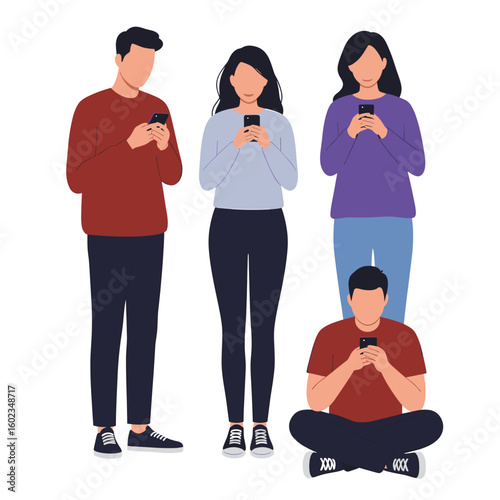 Group of young Asian people looking at smartphones indoors  
