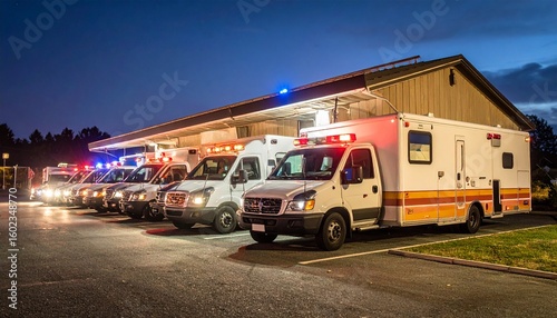 Wallpaper Mural A row of emergency ambulance vehicles with flashing red and blue lights, parked at a response station at dusk, prepared for urgent calls. Torontodigital.ca