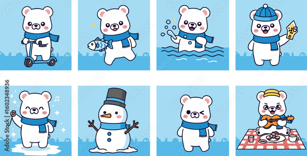 Fototapeta premium Cartoon polar bear in different activities. Cute, cheerful characters, animal icons, illustration, vector